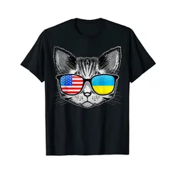 Ukraine US Flag Roots Cat Ukrainian American T-Shirt Humor Funny Cat-Lover Tee Tops Cute Graphic Clothes Women's Fashion Outfits