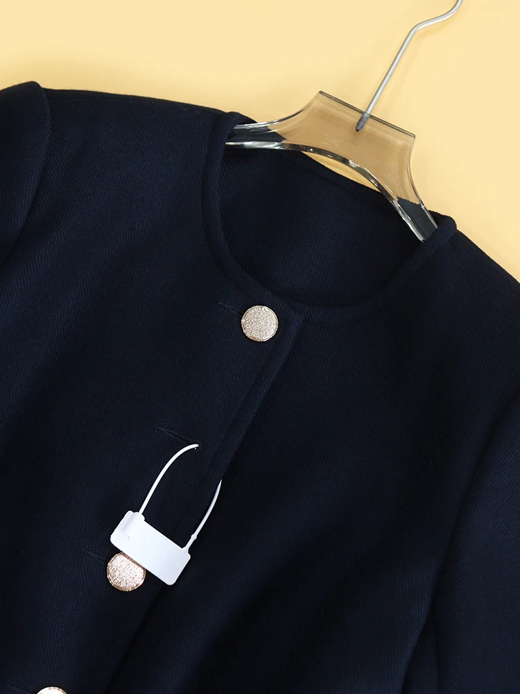 Heidd Ele Sle Casaco feminino azul profundo de fileira única de metal Bule oulder longo comprimento Sve ort fibra de poliéster para deslocamento...