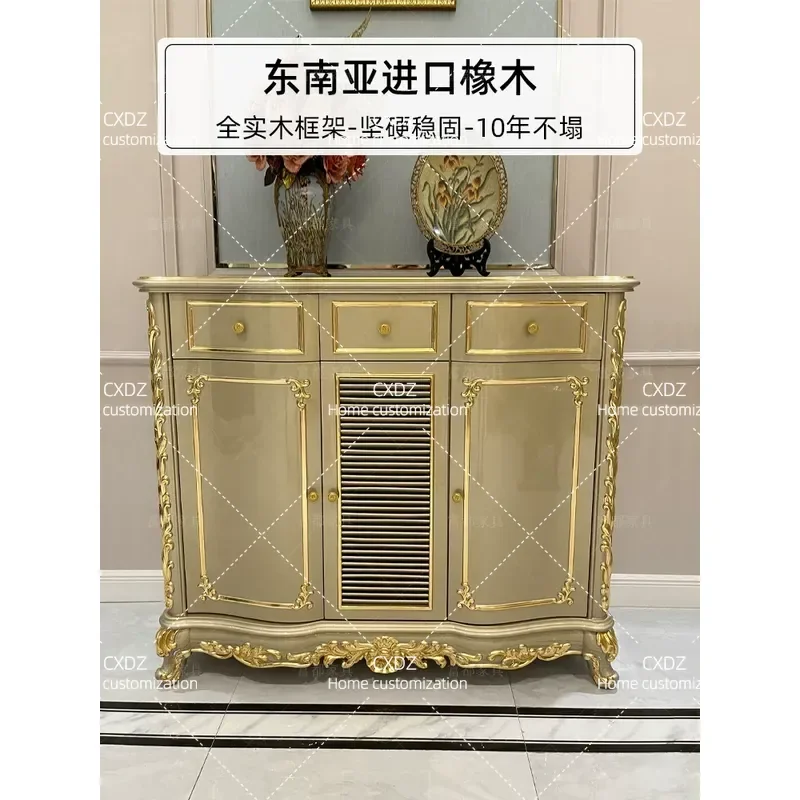 Full Solid Wood Shoe Cabinet with Carved Floral Details and Marble Top High End Entryway Storage Locker Living Room Partition