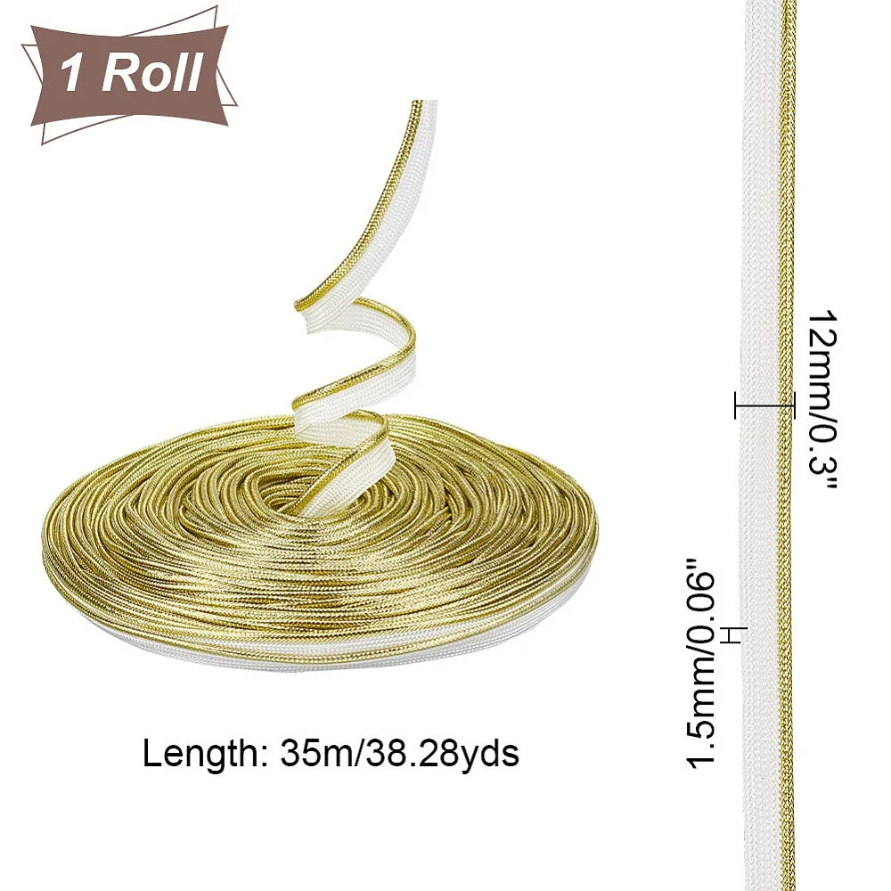 1 Roll 38.3 Yards 1/2 inch Gold Piping Bias Tape with Welting Cord Cord Trim Ribbon Piping Trim with Metallic Lip Polyester