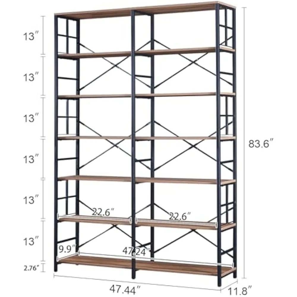 رف كتب طويل جدًا عريضًا مكون من 7 طبقات على الطراز الصناعي، وخزانة كتب مفتوحة شديدة التحمل مقاس 84 بوصة #2