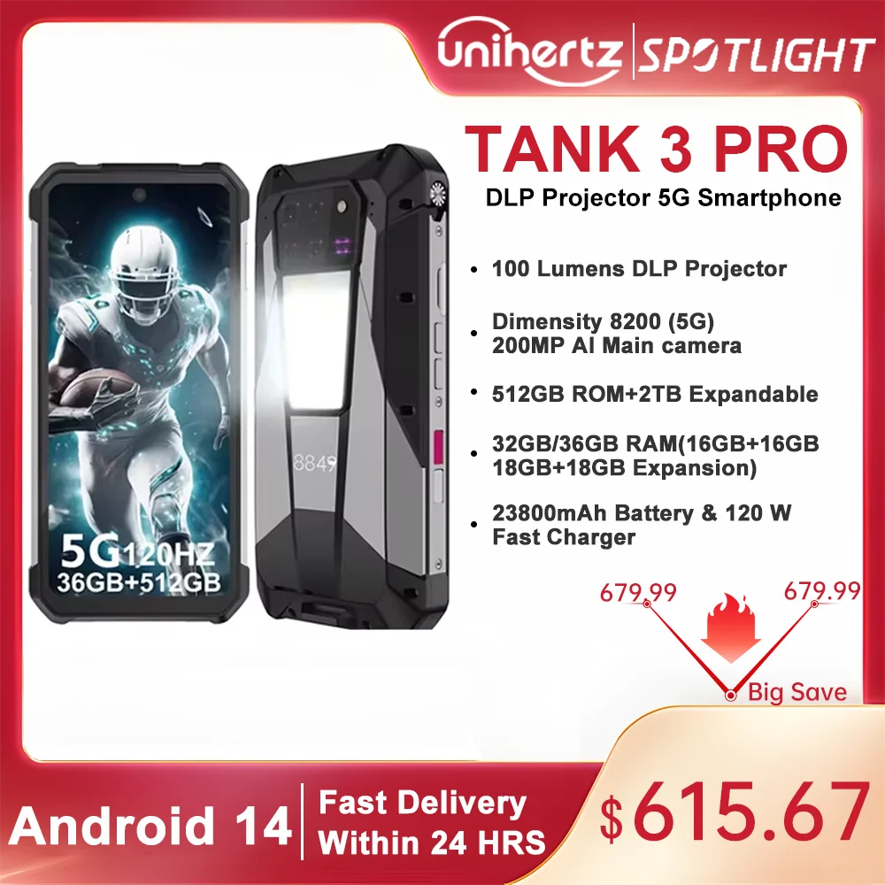 Unihertz Tank 3 Pro 8849 Smartphone mit 100 Lumen 120 Hz Projektor 36 GB + 512 GB 5G Telefon 23800 mAh 120 W Schnellladegerät 200 MP Kamera