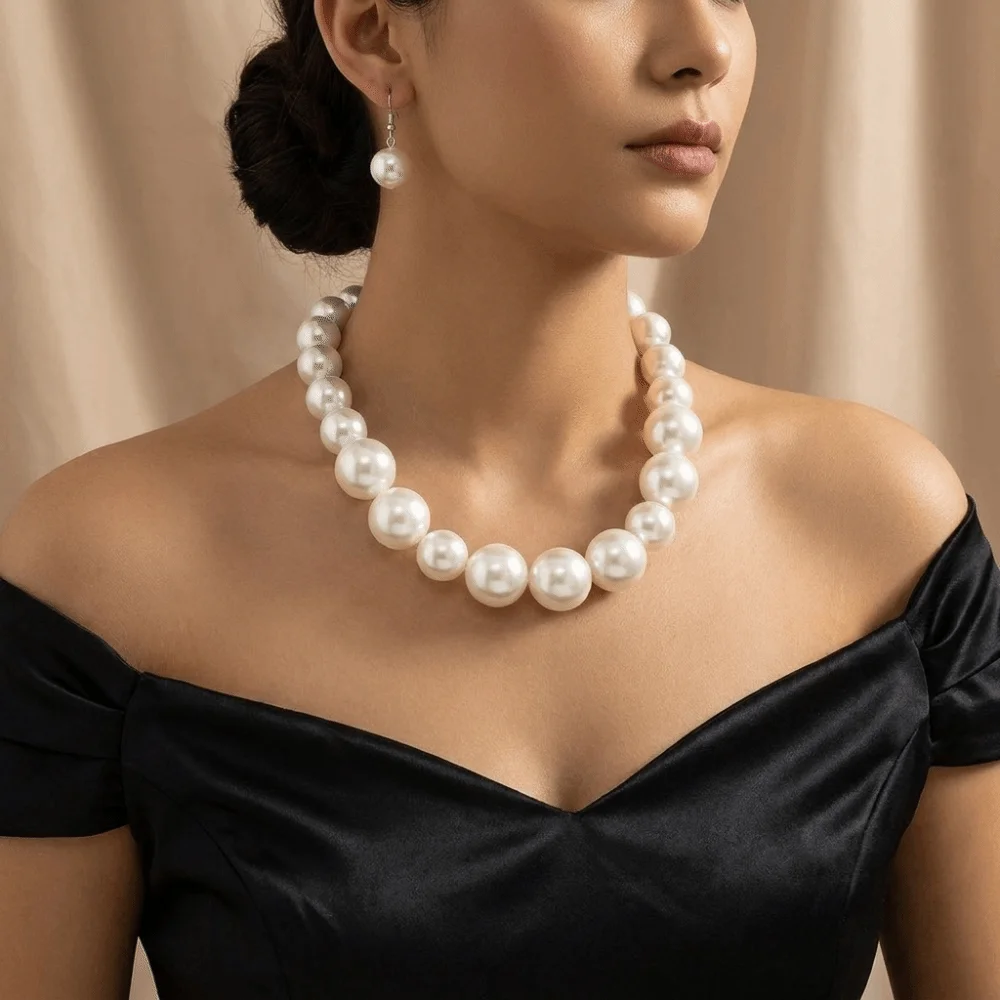 3 pcs/set Exaggerated Necklace Earrings Set Gradient Size Simulated Pearl Jewelry Set Multiple Colors Lightweight