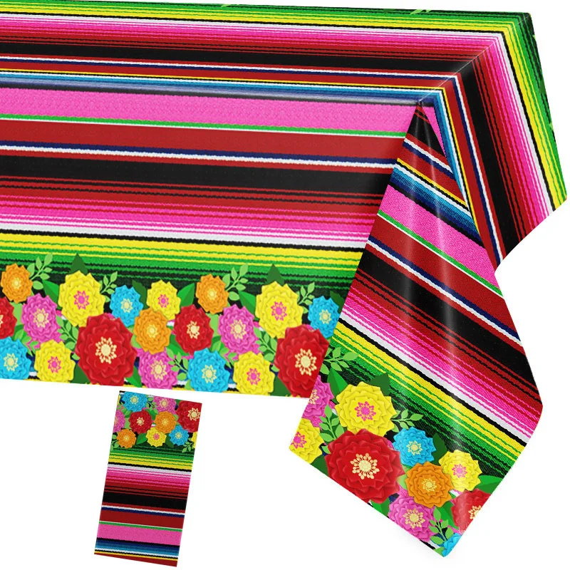 1-10PCS Waterproof Disposable Mexican Tablecloth Colorful Striped Floral Print for Taco Night Birthday Fiesta Party Decor