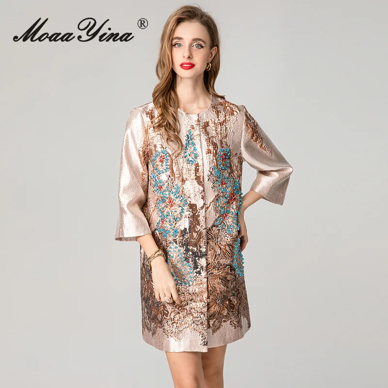 

MoaaYina 2025 autumn new round neck seven quarter sleeve gold jacquard nail bead temperament windbreaker mid length coat