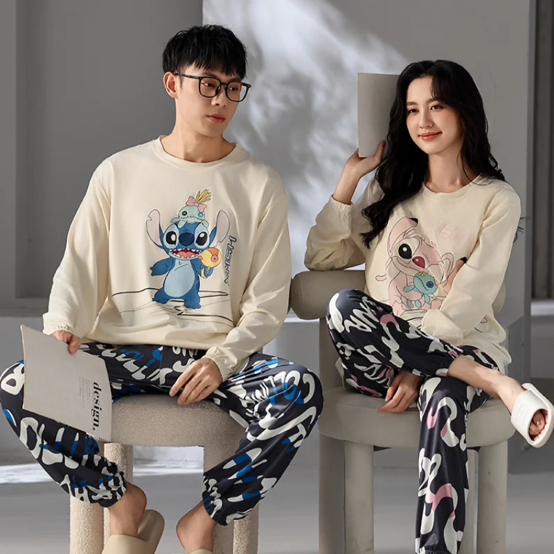 Disney Stitch couple pajamas new round neck pure cotton cartoon loose warm men\'s women\'s pajamas loungewear two-piece set