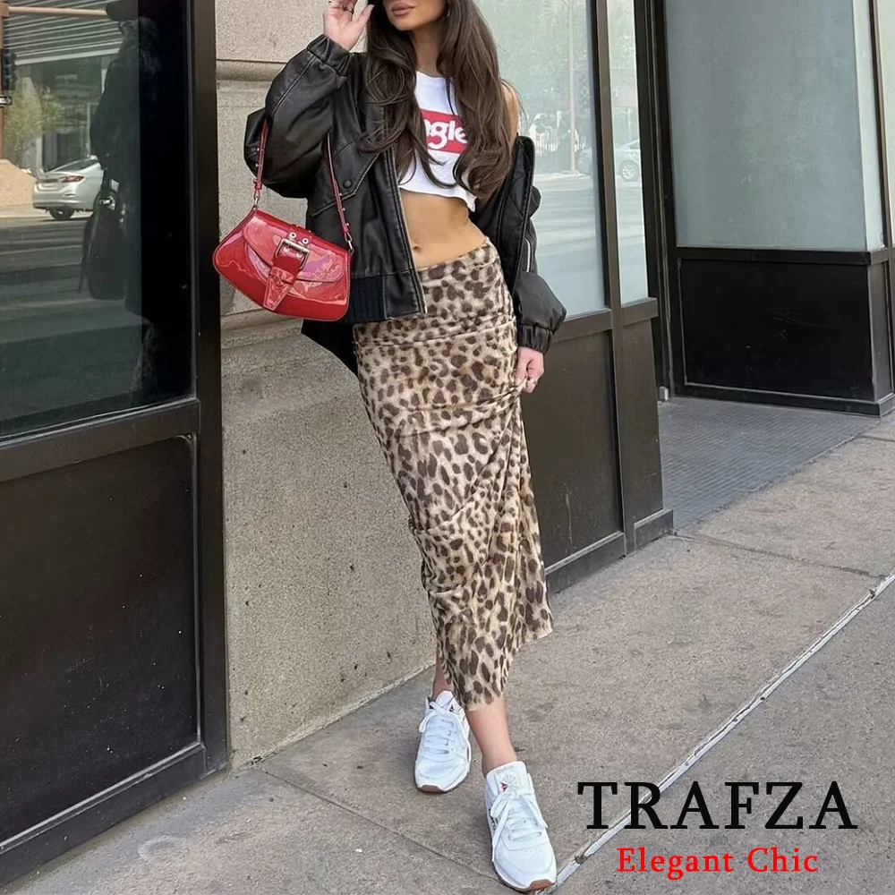 TRAFZA Elegant Casual Leopard Print Half Body Skirt Women\'s high-Waisted Long Skirt New for 2024 Spring Fasion Leopard Skirt