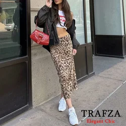 TRAFZA Elegant Casual Leopard Print Half Body Skirt Women's high-Waisted Long Skirt New for 2024 Spring Fasion Leopard Skirt