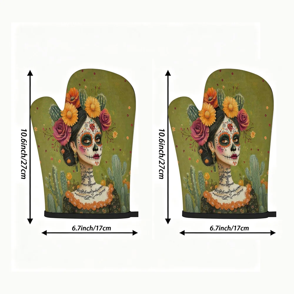 2pcs Oven Mitts, Featuring Mexican Day of The Dead Female Skull And Marigolden Cactus Design, Olive Green Background with Orange