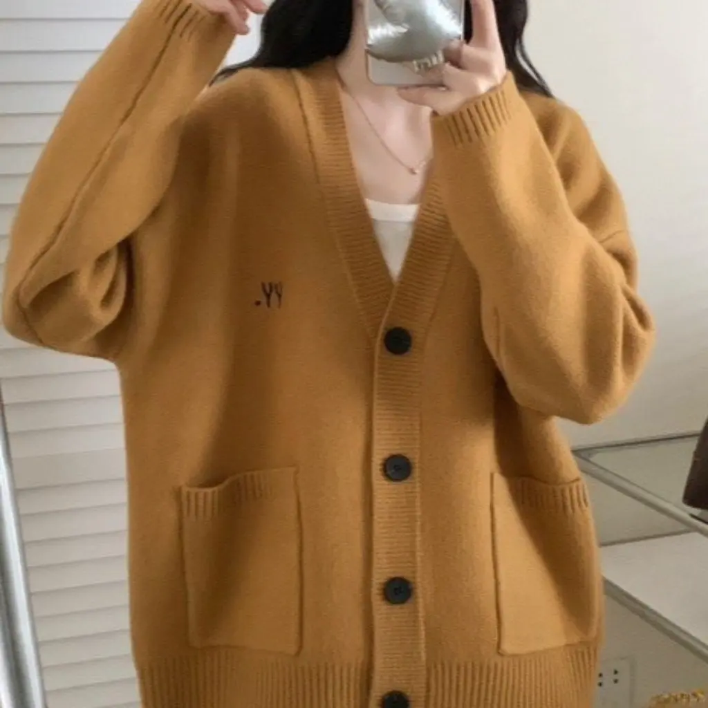 

Корейский модный женский кардиган с v-образным вырезом, свободный повседневный большой вязаный свитер в стиле ретро, весна-осень