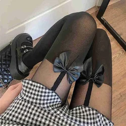 Sweet Girls Thigh High Stocking Pantyhose JK Japanese Style Women Tights Lolita Kawaii Bowknot Patchwork Sheer Black Tight Women