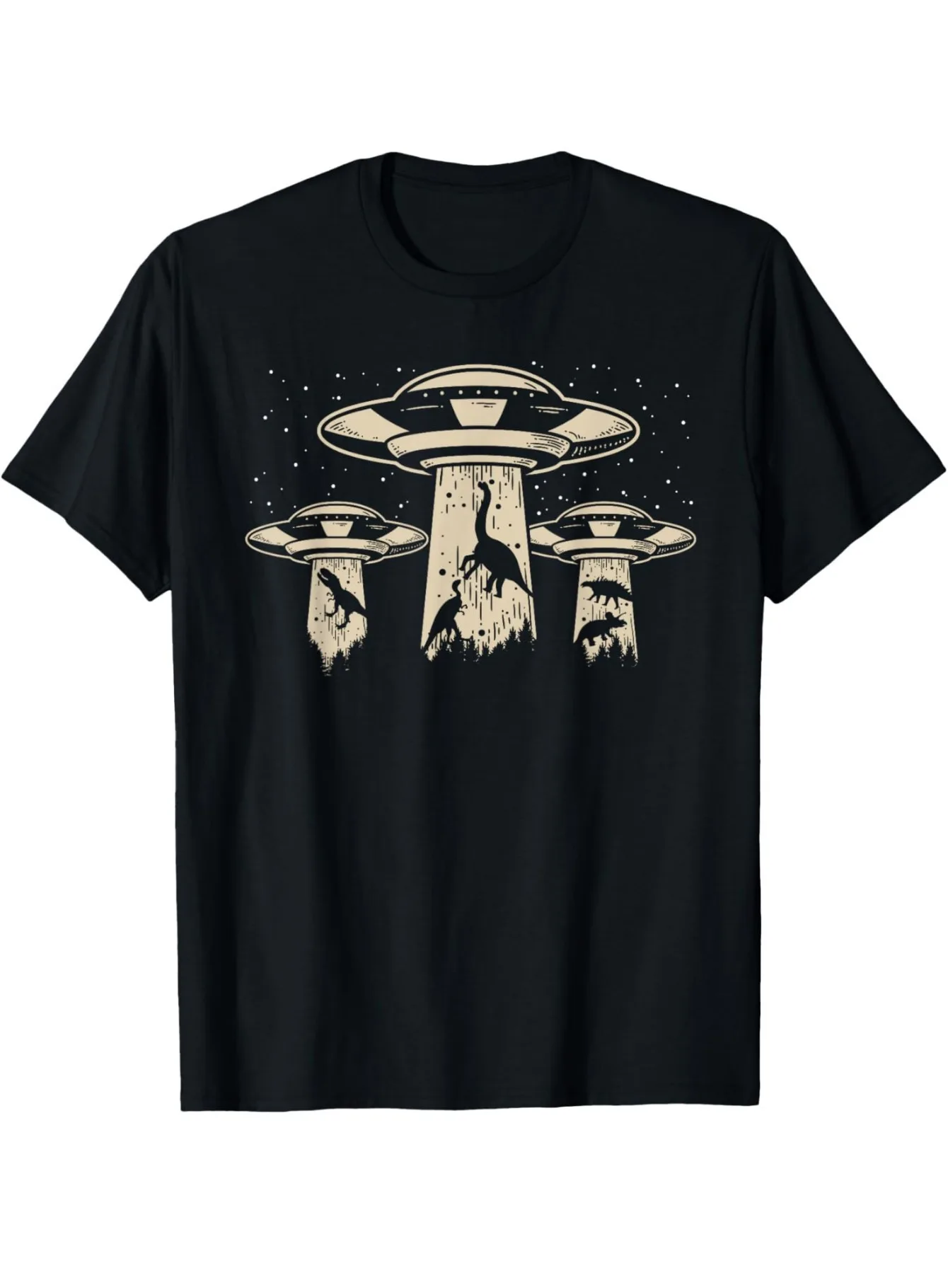 Men's Alien Dinosaur UFO Abduction T-Shirt  Black Sci-Fi Design with 3 Flying Saucers, Starry Night Sky  Alien Spaceship  Regular Fit Short Sleeve Casual Tee for Outdoor Travel, Hiking, Camping  Funny Meme Shirt for UFO Enthusiasts, Hiking Apparel, Durabl