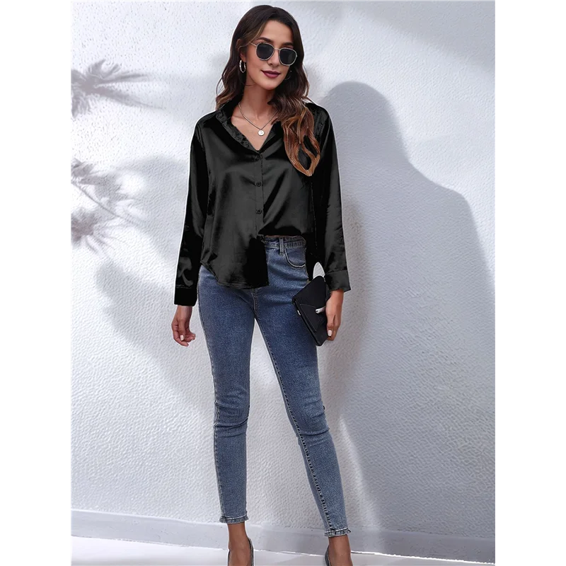 ASDS-Dames Satijn Button Down V-hals Lange Mouw Tops Zomer Zijden Blouses Mode Lente Shirt 2025