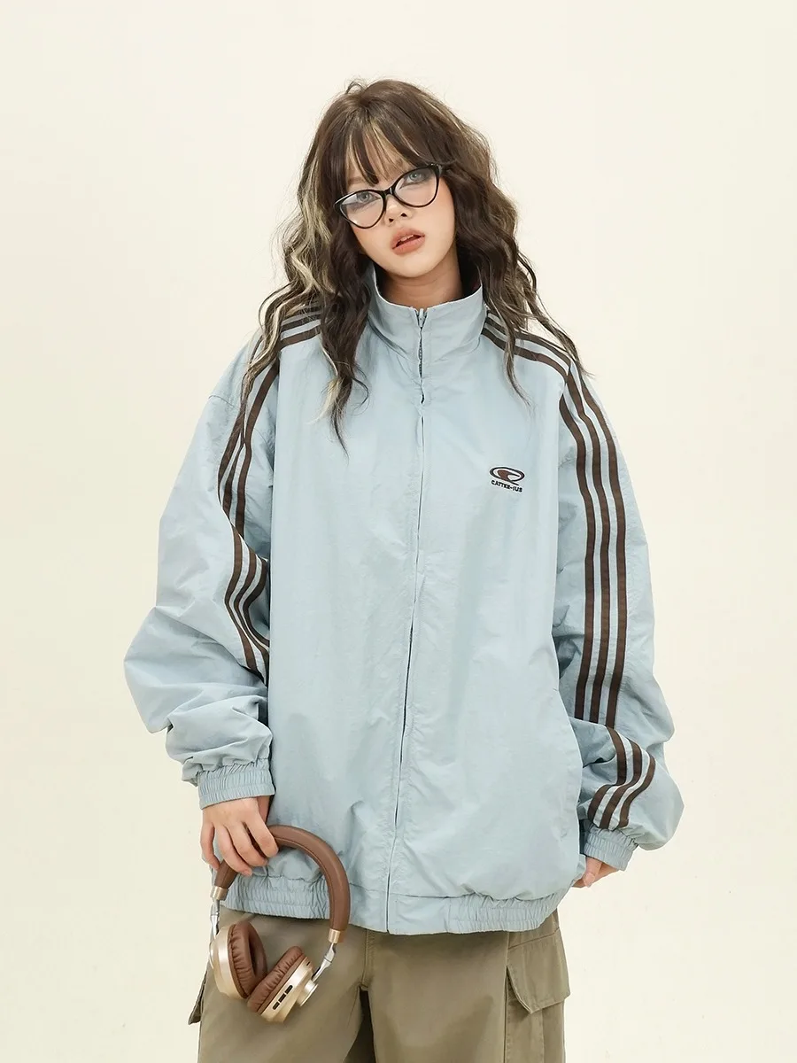 

Двусторонняя одежда в американском стиле ретро, джет с воротником-стойкой, женское весенне-осеннее свободное повседневное полосатое пальто, топ