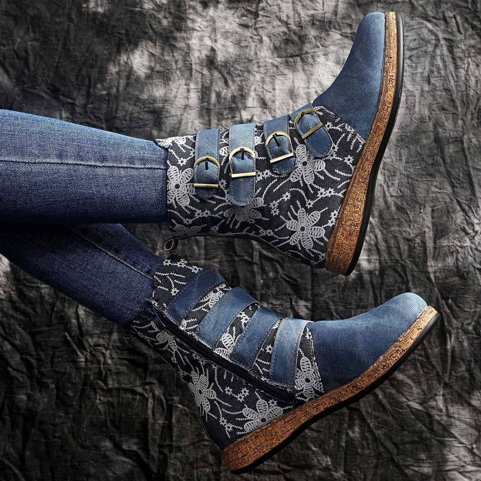 New Women Denim Boots Retro Printed Metal Buckle Soft Bottom Zipper Ankle Boots Ladies Shoes Fashion Comfort Botines Mujer 2023