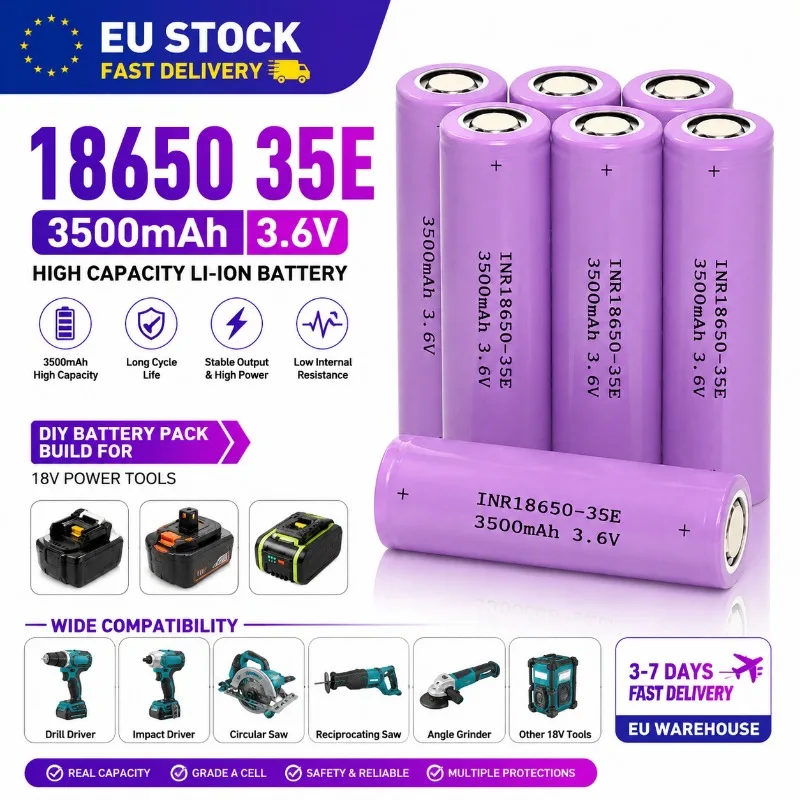 18650 35E Akku 3500mAh Hochleistungs-Lithium-Ionen-Akku 3,6V Stabile Leistung Lange Lebensdauer für DIY-Akkupacks, Elektrowerkzeuge, E-Bikes, Leuchten, Staubsauger EU-Lagerbestand
