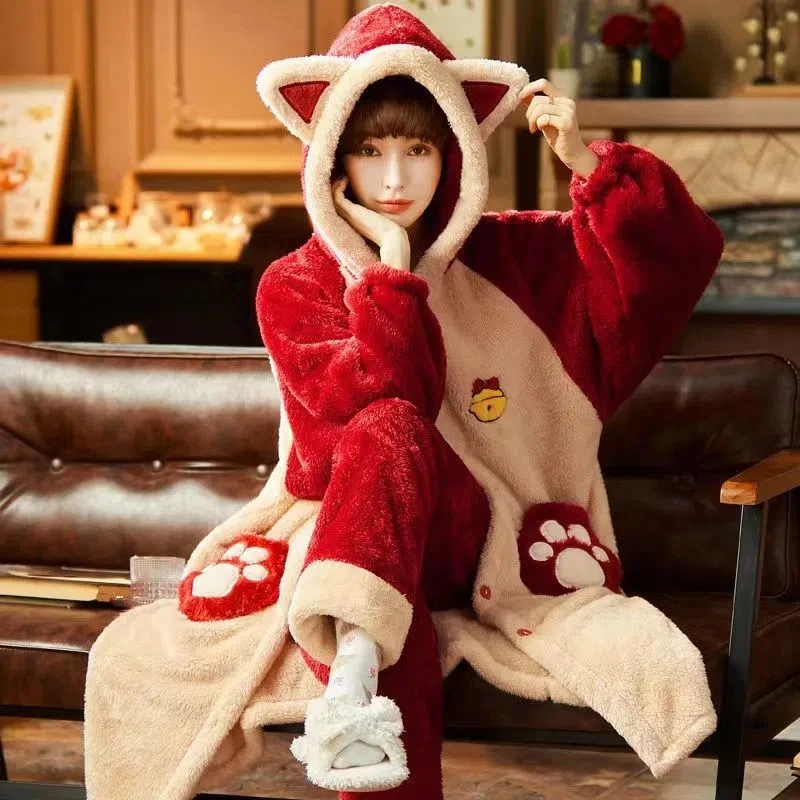 Bathrobe Nightgown Single/2 piece set Strawberry Bear Pajamas Female Autumn Winter Coral Nightgown Thickened Student Cute Velvet