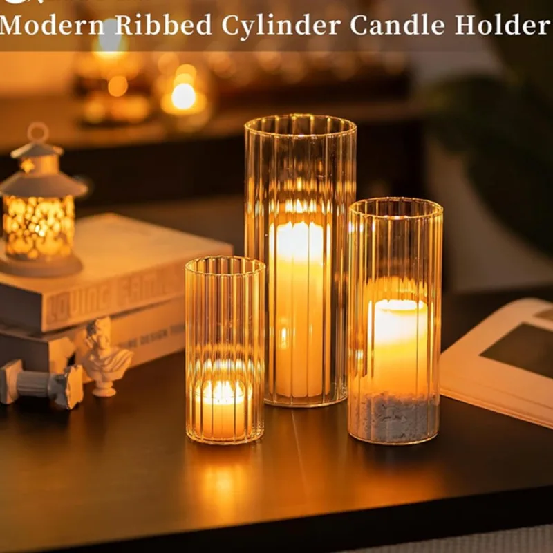 Ribbed Glass Clear Decorative Floating Candle Vases Hurricane Candle Holder for Centerpieces Wedding Table,Set of 6