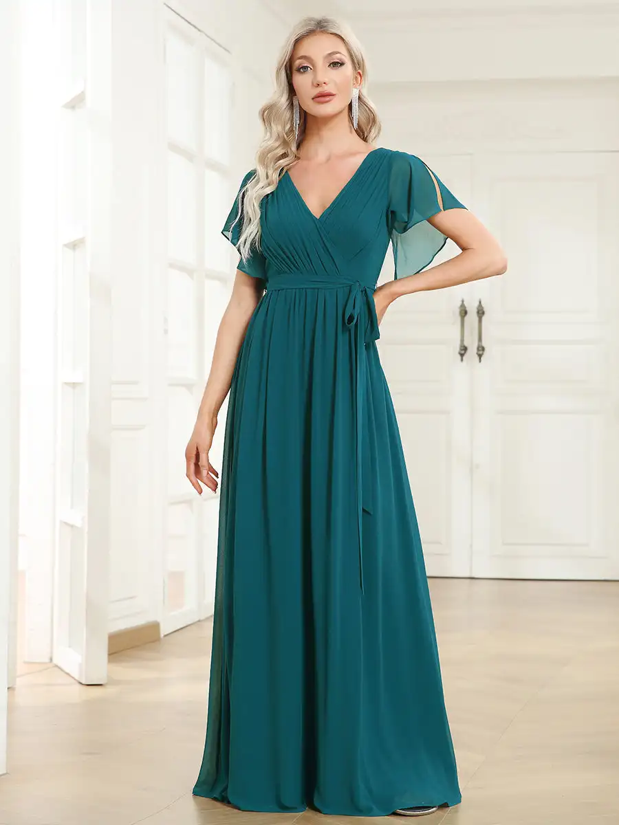 

Elegant Evening Dresses Deep V-neck Ruffles Sleeves Floor Length 2025 Ever Pretty of Chiffon A Line Teal Bridesmaid dress