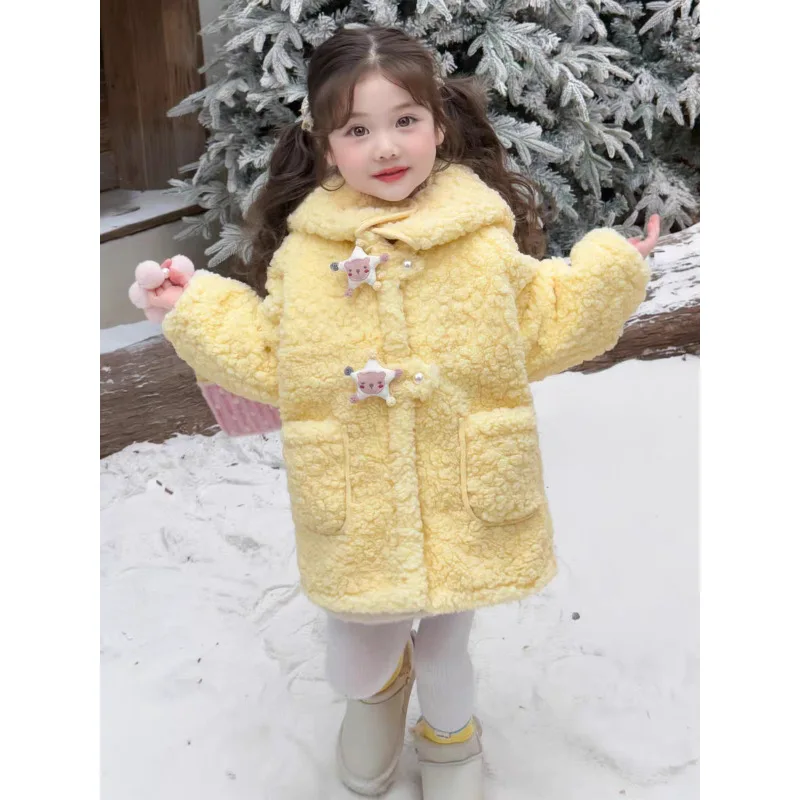 Girls Plush Jacket 2026 Winter New Children's Hooded Coat Baby Thickened Medium and Long