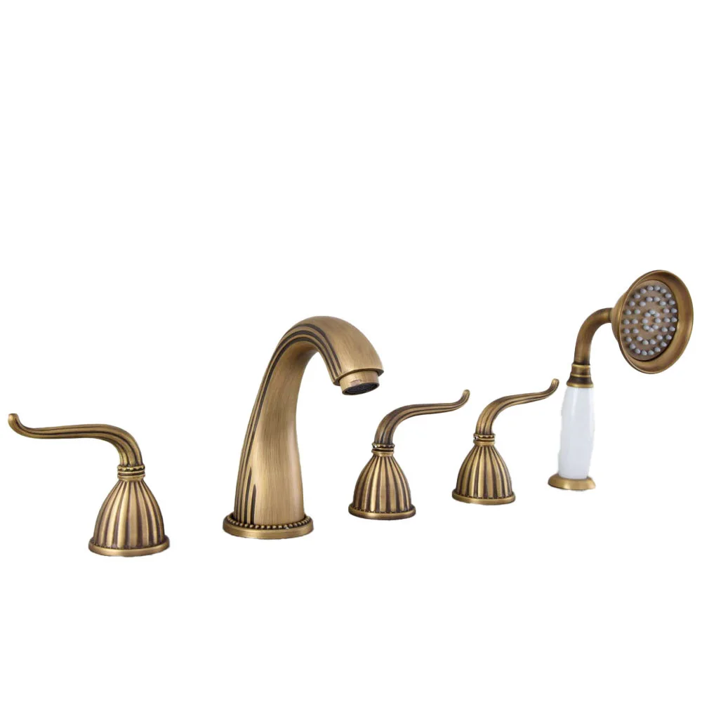 Antique Brass Roman Bathtub Mixer Faucet Set with Handheld Shower Deck Mounted 5 Holes Hot and Cold Taps ttf241