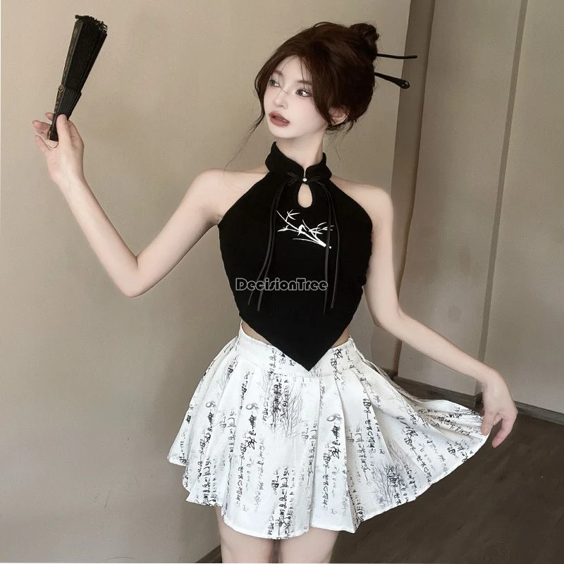 

2025 новый китайский ретро-модный стиль Cheongsam с воротником-стойкой, топ с лямкой на шее, без рукавов с принтом, ажурный дизайн, жилет Ципао, топ