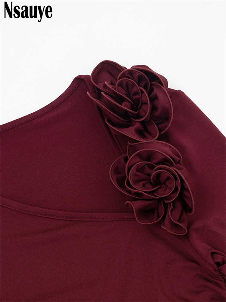 Nsauye New Fashion Elegant Women 3D Flowers Evening Short Party Dress Bodycon Sexy Night Club Long Sleeve Mini Dress 2025 Winter