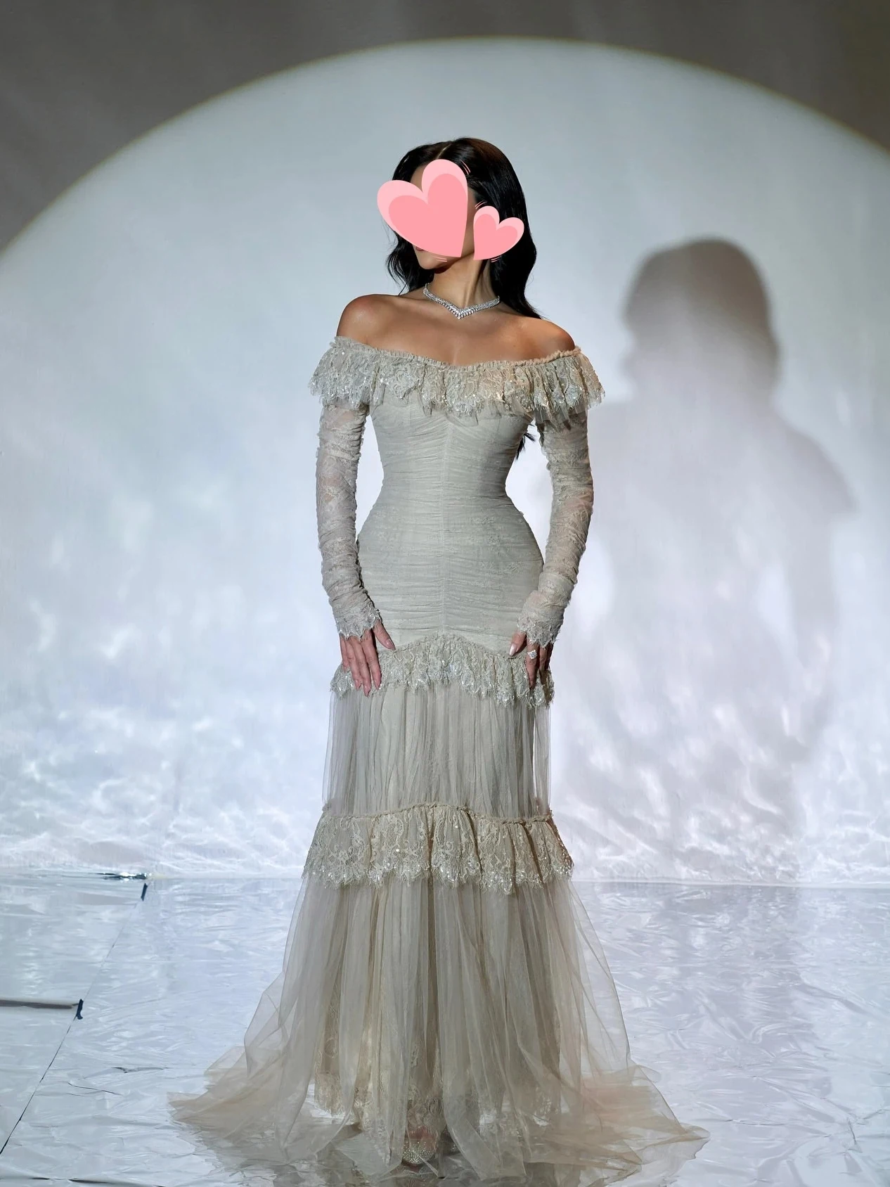 Jirocum 高級アイボリーチュールイ​​ブニングドレス オフショルダー ラッフルビーズレース マーメイドドレス ガラ＆プロム用