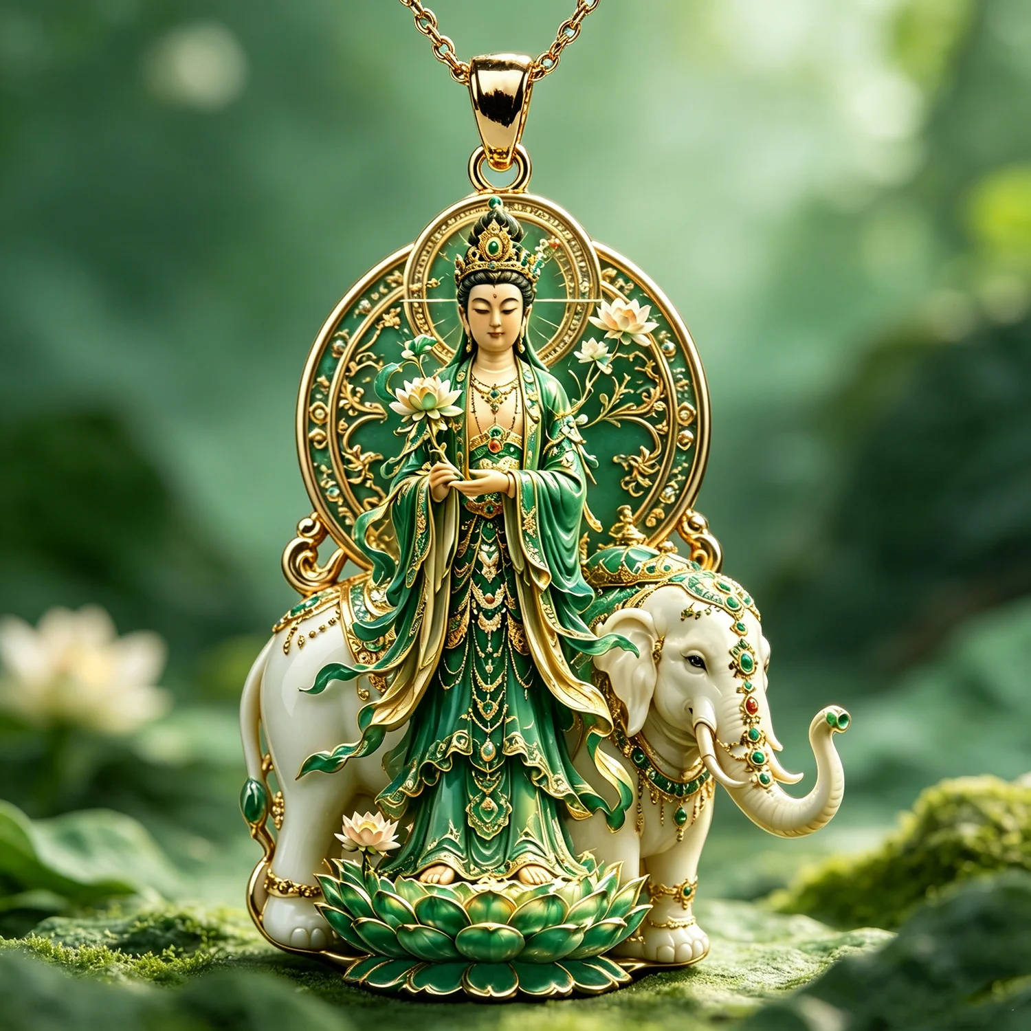 Double-sided Buddha Statue Pendant Necklace Green Enamel White Elephant Lotus Charm Oriental Traditional Culture Meaningful Jewe