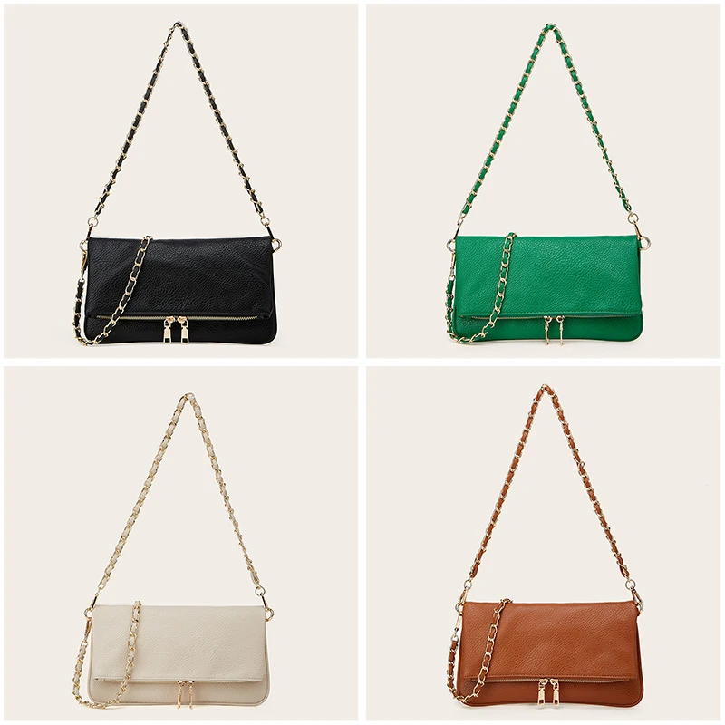 防水ライチテクスチャPUクロスボディバッグ - フリップロック開閉式＆調節可能なチェーンストラップ付きのトレンディなアンダーアームバッグ