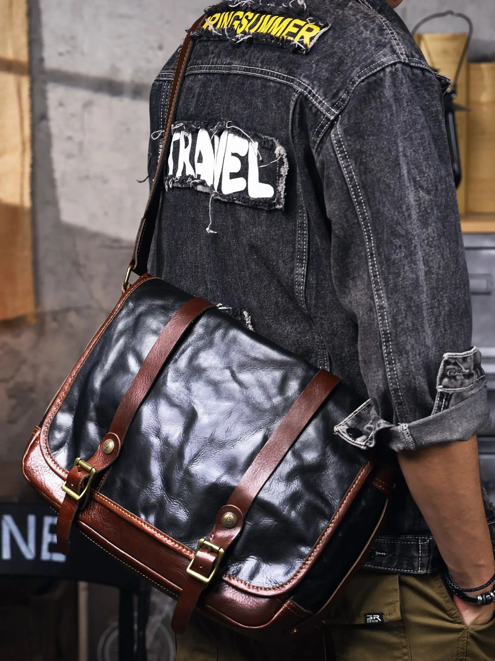 S.WORKER Vintage Echtleder Herren-Umhängetasche Crossbody-Taschen Crazy Horse Rindsleder Schultertasche Top-Layer Mode – Detail 4
