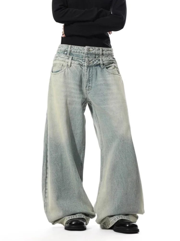 

Ropa Y2K 2022, модные синие мешковатые женские джинсы с двойным поясом, брюки для женской одежды, винтажные джинсовые брюки с широкими штанинами