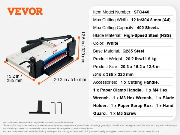 VEVOR Cortadora de Papel de Alta Resistencia Cortadora de Papel Industrial y Comercial de 304,8 mm para Papel A4, Capacidad para 400 Hojas Cortadora de Papel Apilado para Oficina, Escuela, Blanco