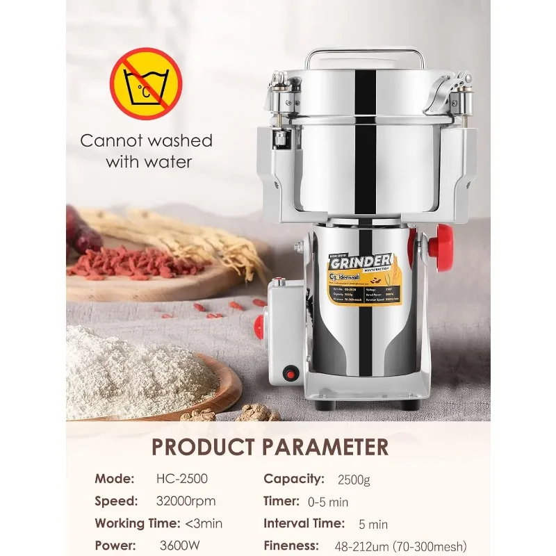 CGOLDENWALL 2500g Electric Grain Grinder Mill Safety Upgraded 3600W High-speed Spice Herb Grinder images - 6