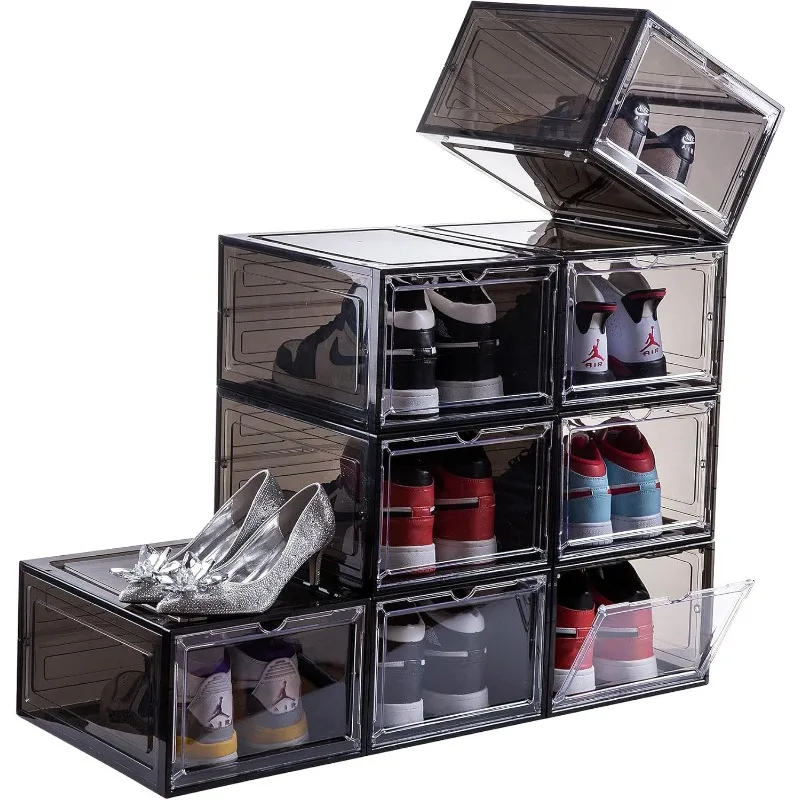 Drop Front Plastic Shoe Box with Clear Door,Set of 6,Stackable,For Display Sneakers,Easy Assembly,Fit up to US