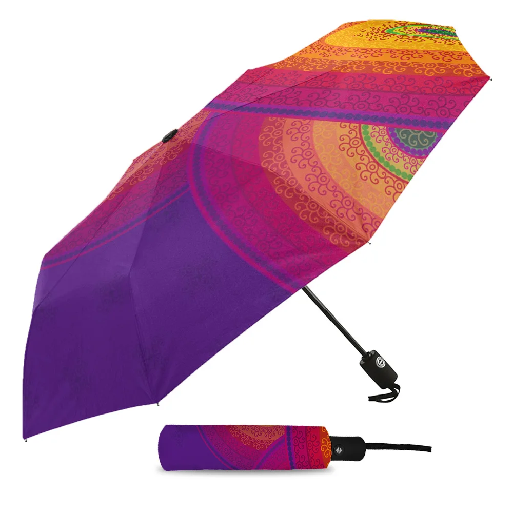 India Circle Flower Mandala Colourful Creative Umbrella Rain Women Automatic Three Folding Umbrellas Windproof Parasol Parapluie