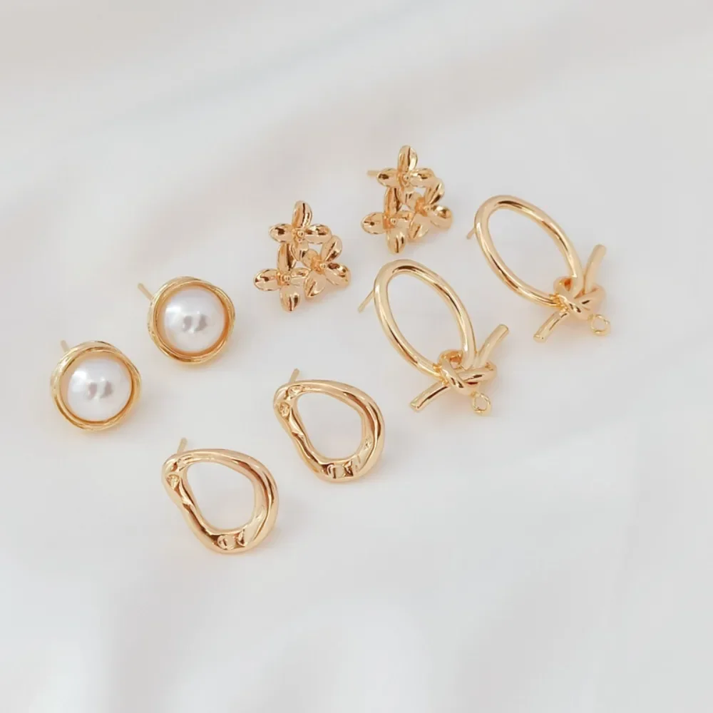 

14K Gold-plated Knotted Irregular Four-leaf Clover Bead Support with Pendant Ring S925 Ear Needles Versatile Earrings DIY Jewelr