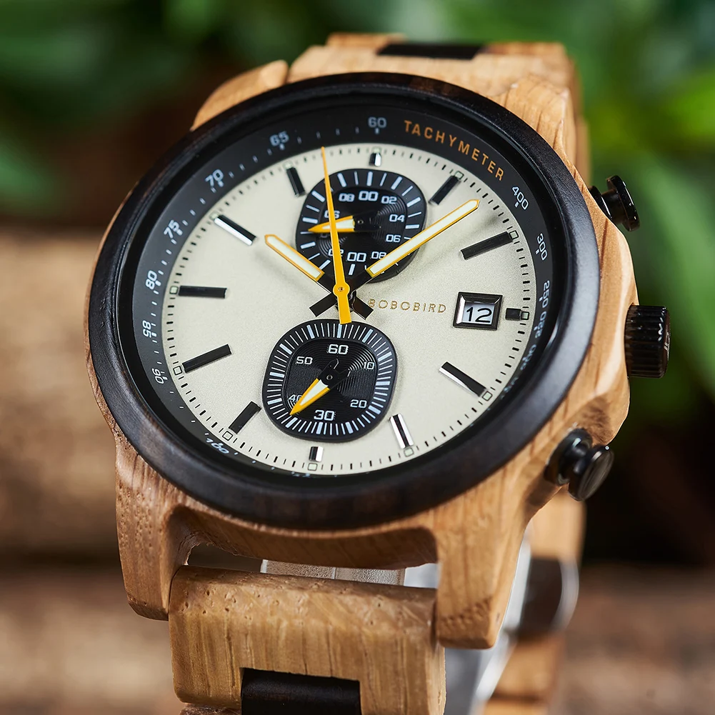 BOBO BIRD Men\'s Wooden Watches Fashion Quartz Wrist Watch For Men Chronograph Clock With Wood Gift Box Reloj Hombre Custom