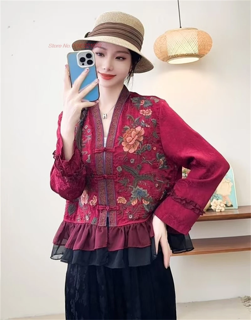 2025, traditionelle chinesische Vintage-Bluse, nationale Blumenstickerei, Jacquard-Jacke, orientalischer V-Ausschnitt, Folk-Mantel, ethnische Hanfu-Tops