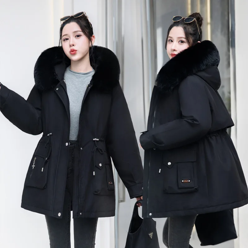 Parki Damskie Błyszczące Jesienne Z Podszewką Modne Wiązane Z Flokowanym Futrem Wiatroodporne Eleganckie Idealne Codzienne Z Odpinanym Jednoguzikowym Zapięciem OL