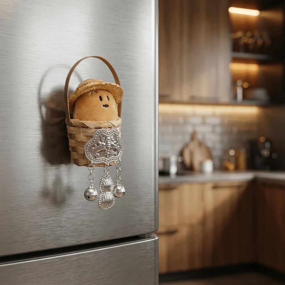 Bamboo Basket Design 3D Plush Potato Fridge Magnet Handmade Soft Potato Doll Refrigerator Magnets with Bell Mini Fridge Sticker