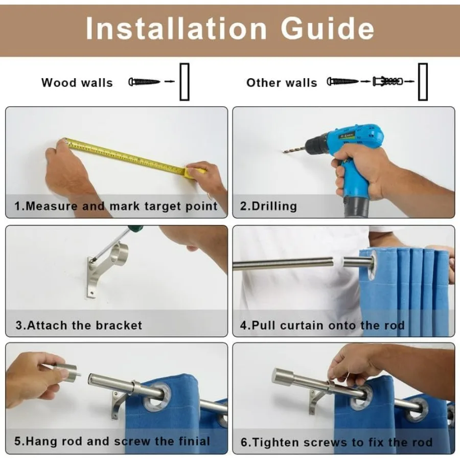 Aste per tende in nichel spazzolato con terminali a cappuccio, aste per tende decorative singole regolabili da 72-144 pollici