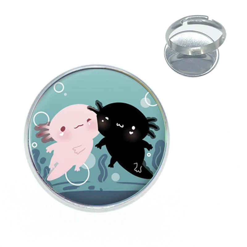 2023 New Axolotl Cute Animal Glass Dome Cabochon Adjustable Ring Handmade Jewelry for Women Men