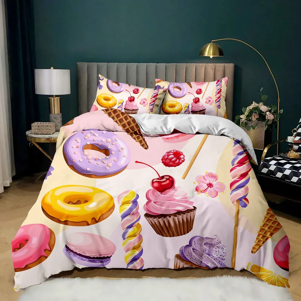 

Doughnut Duvet Cover Colorful Tie Dye Qulit Cover for Kids Gift Girly Cute Sweet Multicolor Dessert Food Polyester Bedding Set