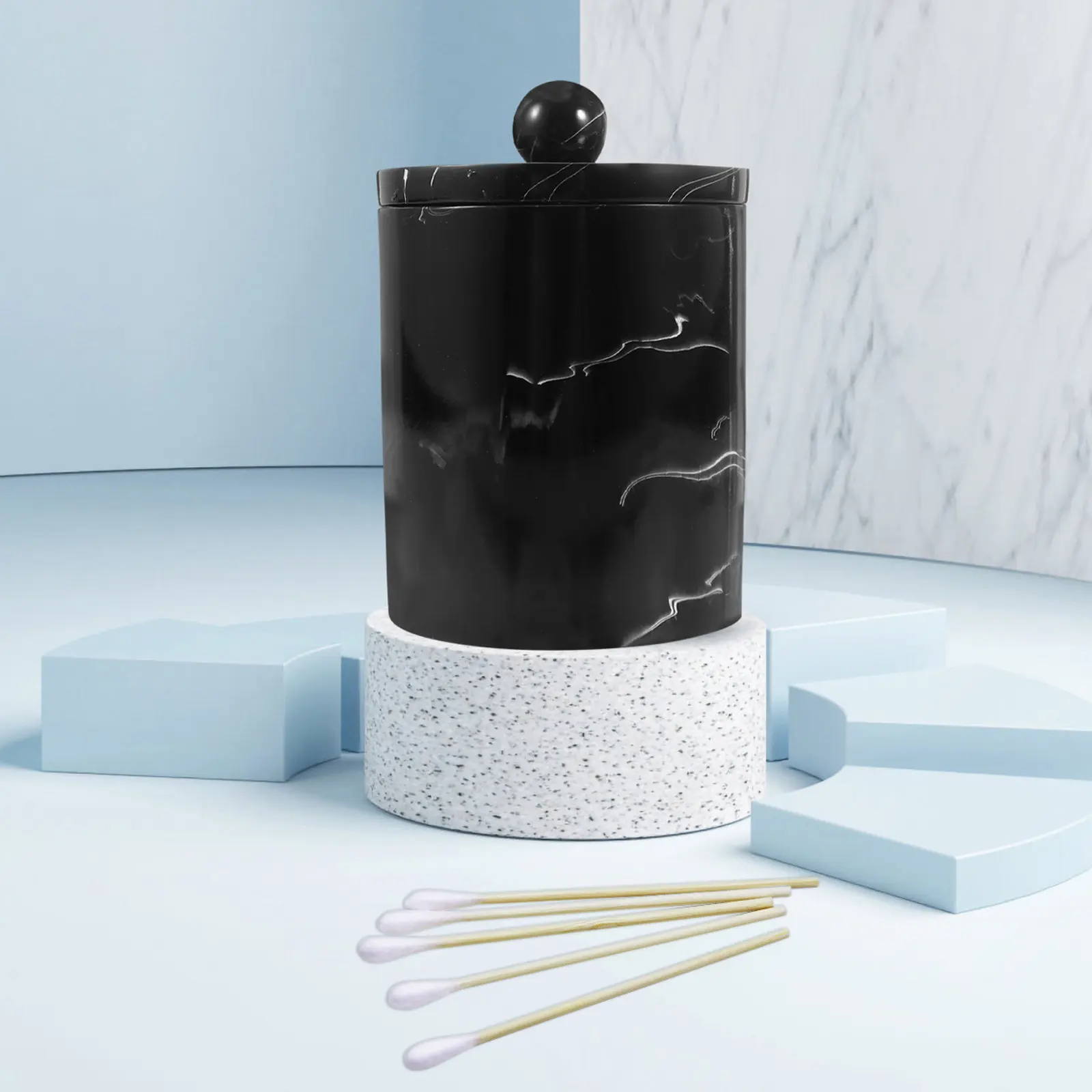 Marble Vein Resin Storage Box with Lid for Cotton Swabs Pads Toothpicks Makeup Brushes Dustproof Organizer