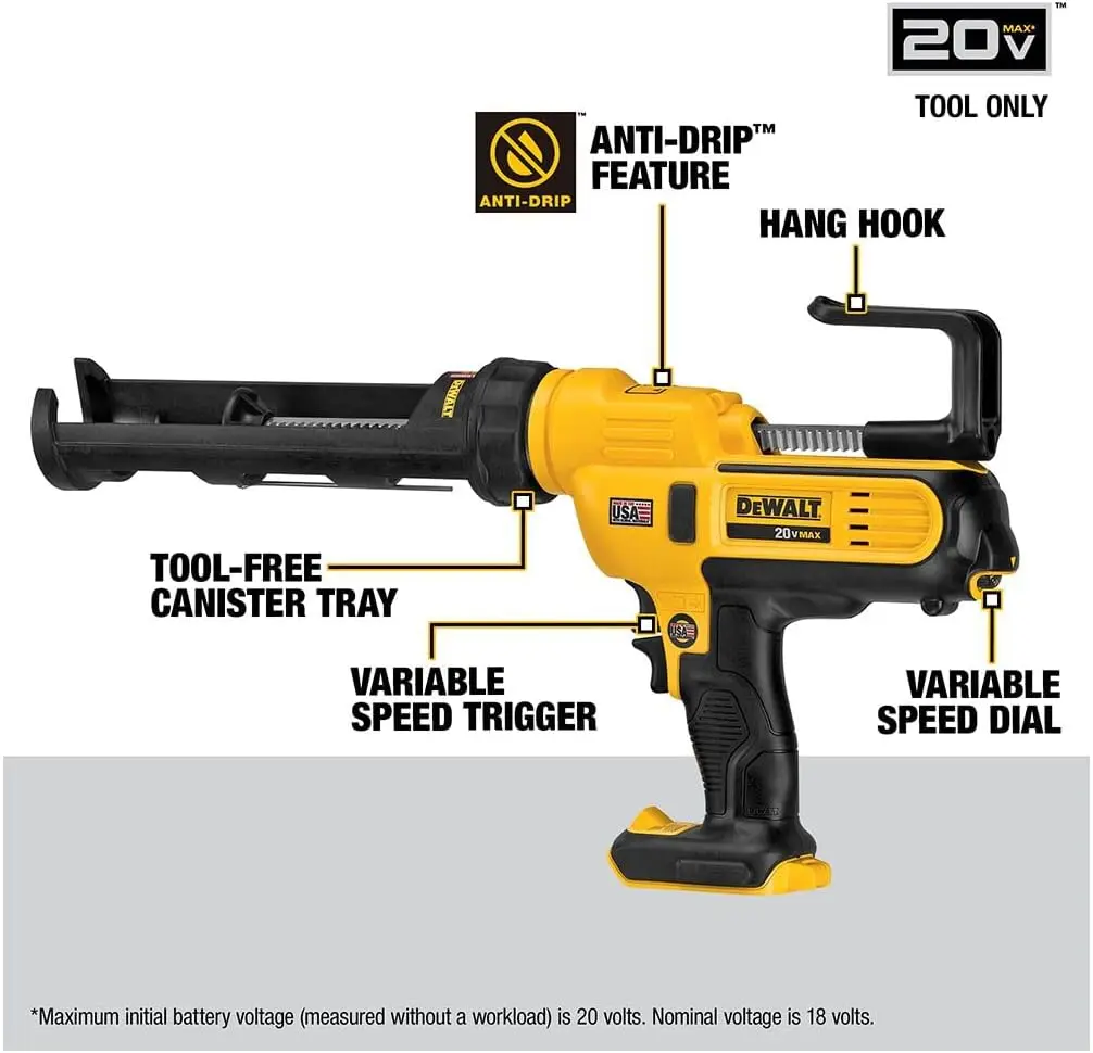 DEWALT 20V MAX Caulking Gun, Cordless, 10oz, Variable Speed Trigger, Interchangeable Canister Trays, Bare Tool Only (DCE560B)