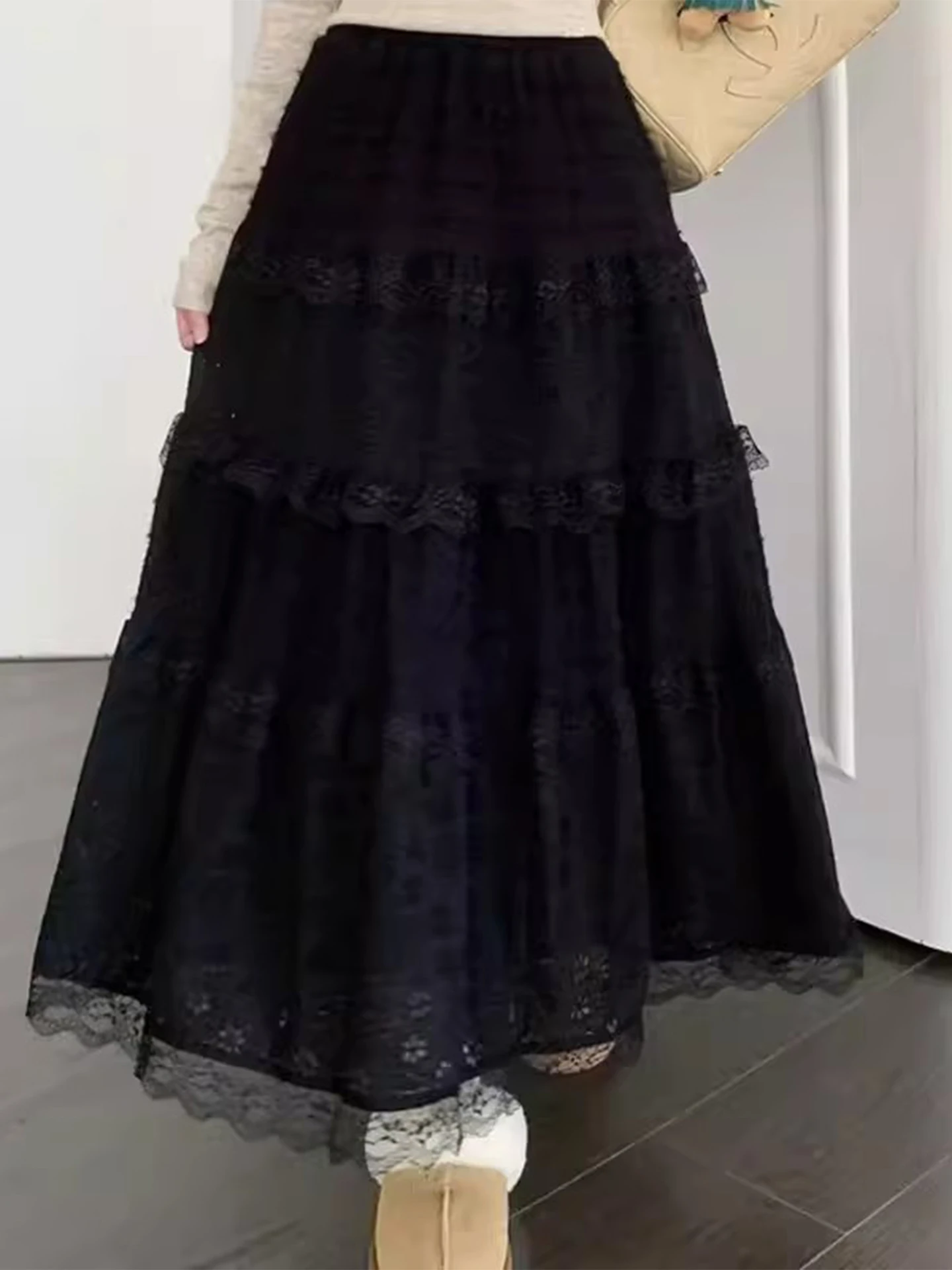 White Lace Hollow out Hook Flower Heavy Work f Skirt Women's Early Spring High Waist Slim Cake Long Skirt Korean Sle