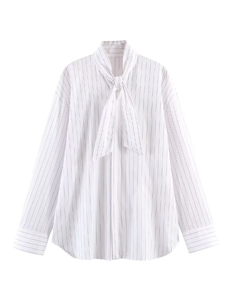 

HH Women's Spring New Fashion Commuting Versatile Scarf Striped Poplin Blouse Female High Street Casual Long Sleeve Shirt Mujer