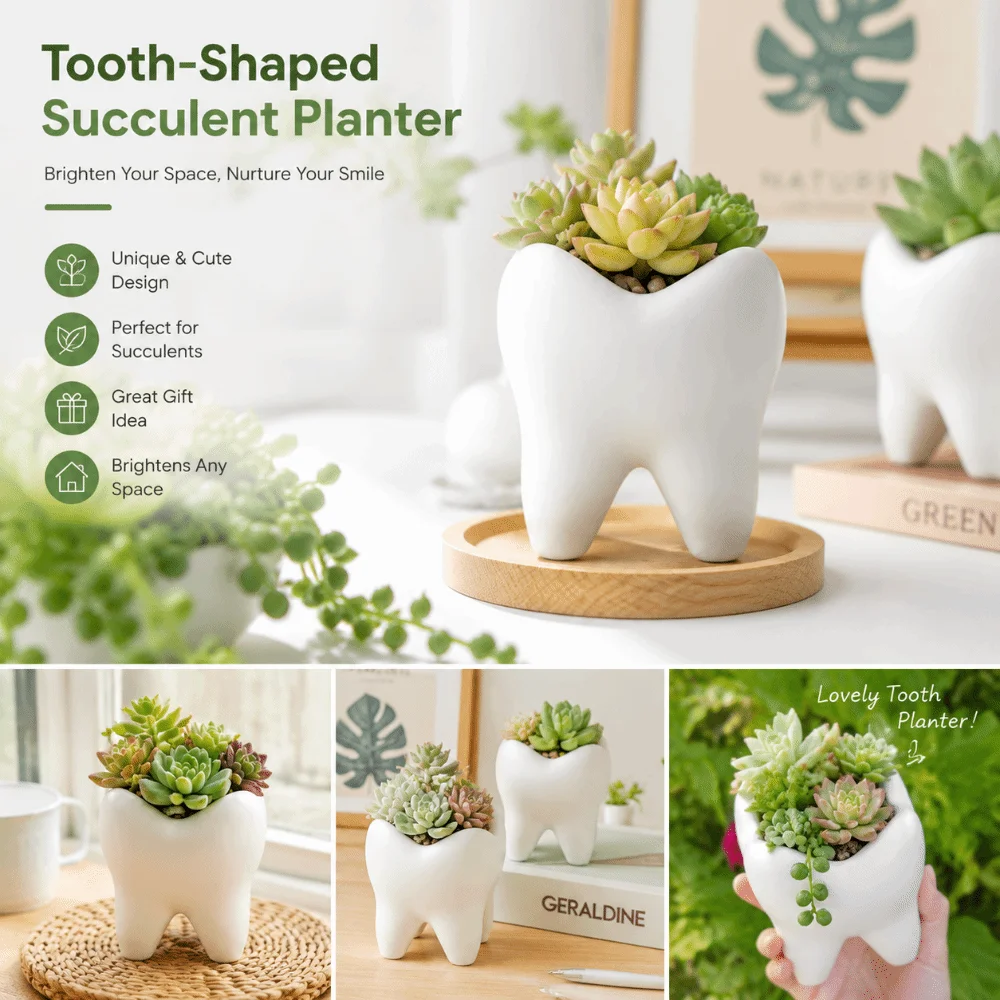 Tooth Shaped Toothbrush Holder Plastic Multifunctional Stationery Pen Holder‌ Desk Organizer Storage Box Succulent Planter