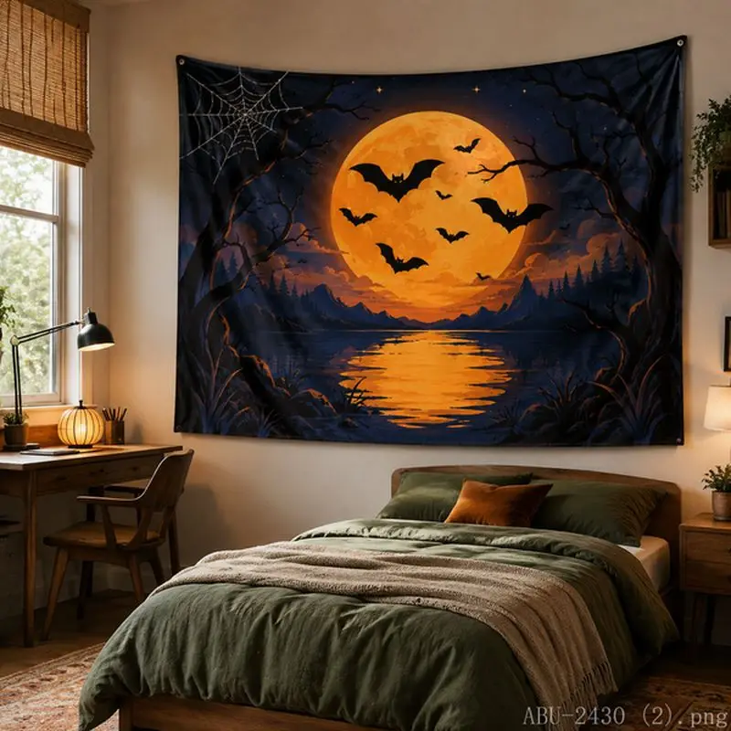 VIKAMA Dark Night Tree Stump Jack Pumpkin Bat Spider Web Tapestry Tea Room Quiet Atmosphere Living Room Decoration
